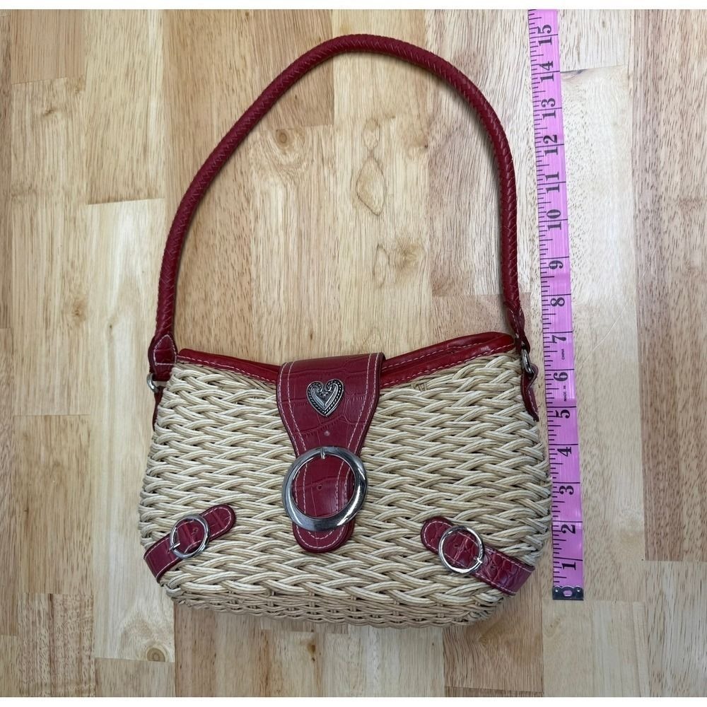 Brighton Woven Straw Shoulder Bag Red Croc Leather Trim Heart Buckle Small